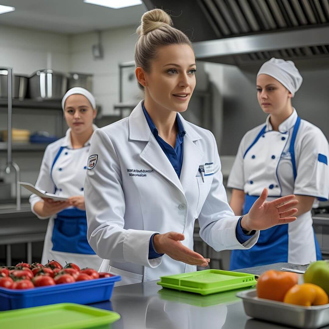 RCV EXPERT - formateur en blouse professionnelle animant une session formation formateur hygiène alimentaire et méthode HACCP dans une cuisine école